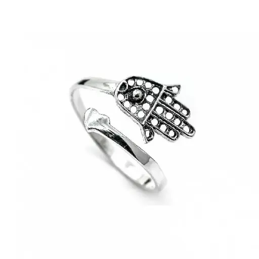 [0123123] Anillo de plata ajustable con mano de fatima y corazón