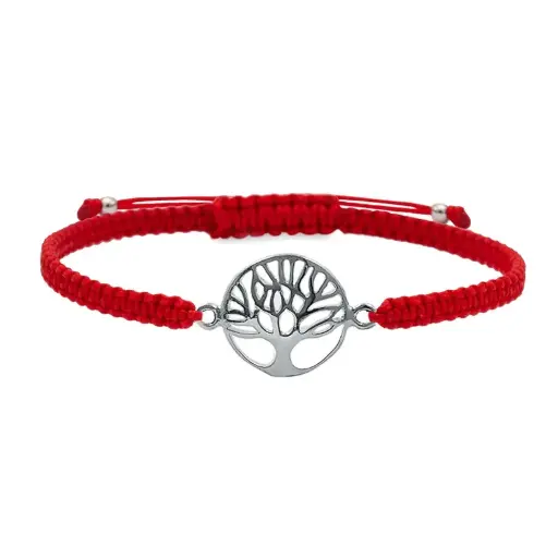 [0800579] Pulsera plata macramé roja arbol de la vida