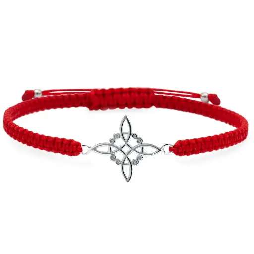 [0800546] Pulsera de macramé roja con nudo de brujas de plata lisa
